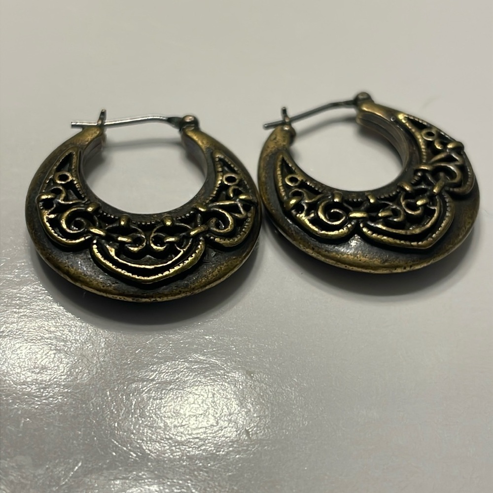 Vintage Ornate Brass Hoop Earrings